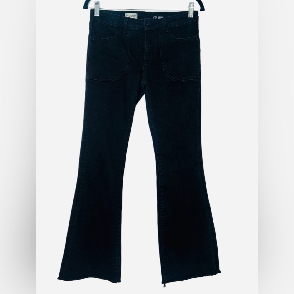 Pilcro Anthropologie Black Wash Denim Jeans Size 26 Flare Leg Mid Rise Raw Hem